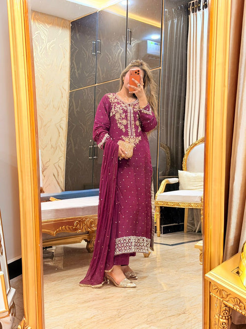 Hand Emblishment raw silk 3pc suit