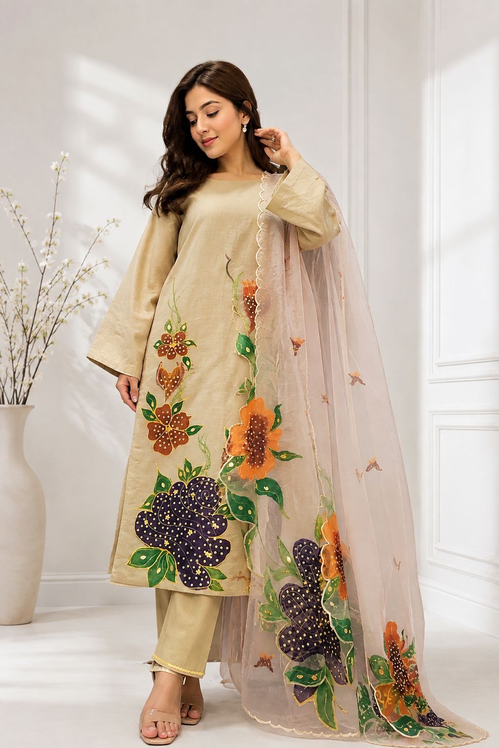 Hand paint with Hand emblishment raw silk 3pc